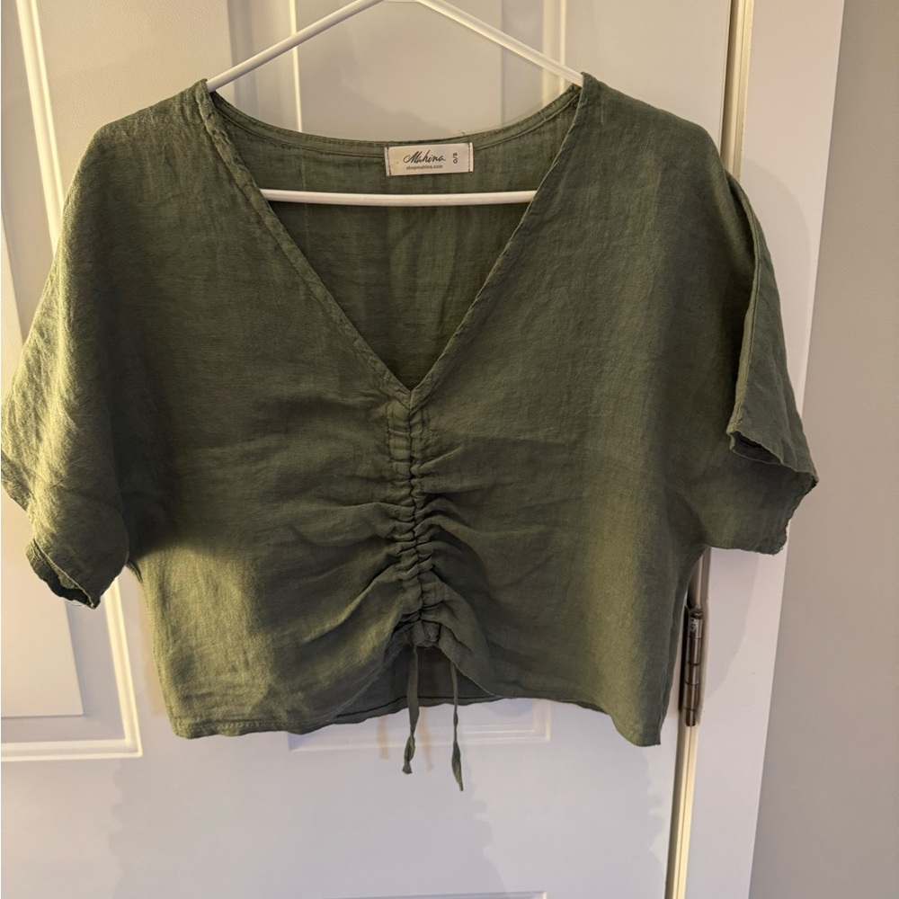 Olive Green Ruched V-Neck Top